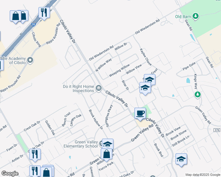 map of restaurants, bars, coffee shops, grocery stores, and more near 201 Springtree Lane in Cibolo