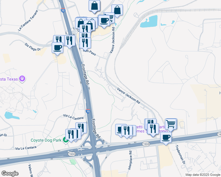 map of restaurants, bars, coffee shops, grocery stores, and more near 16631 Vance Jackson Road in San Antonio
