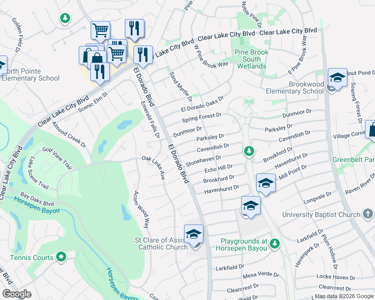 map of restaurants, bars, coffee shops, grocery stores, and more near 15715 Stonehaven Drive in Houston