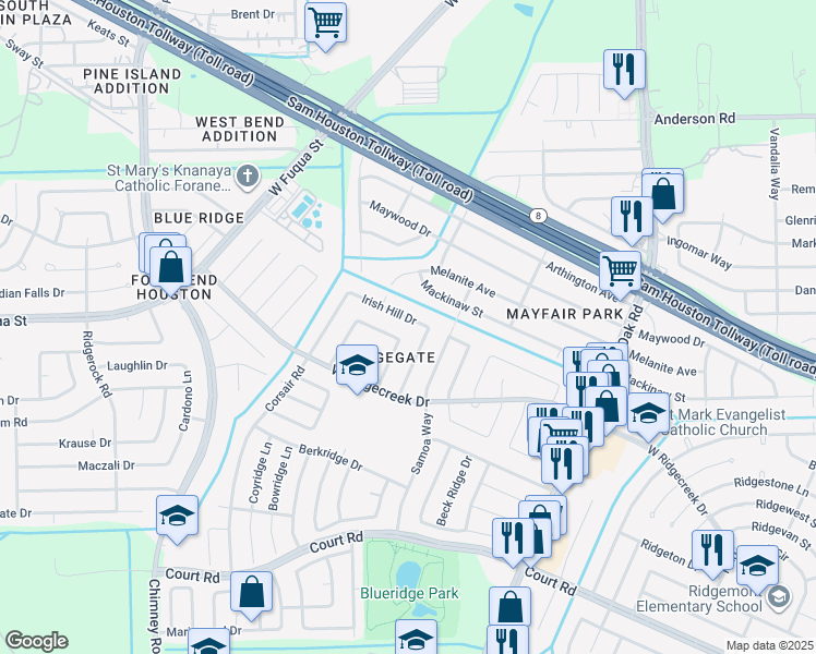 map of restaurants, bars, coffee shops, grocery stores, and more near 15723 Munson Lane in Houston