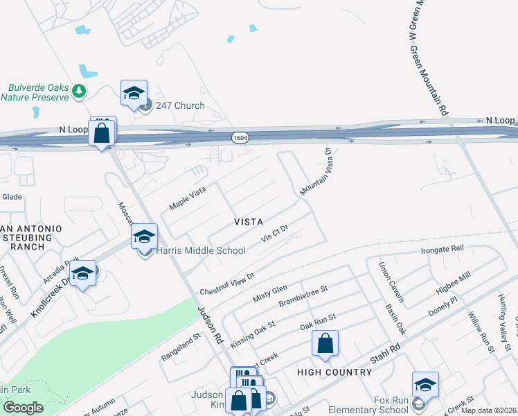 map of restaurants, bars, coffee shops, grocery stores, and more near 5418 Mountain Vista Drive in San Antonio