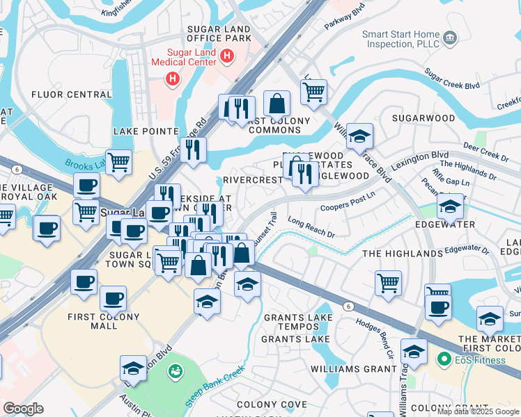 map of restaurants, bars, coffee shops, grocery stores, and more near 15722 Lexington Boulevard in Sugar Land