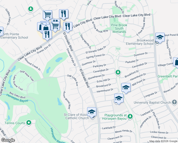 map of restaurants, bars, coffee shops, grocery stores, and more near 15715 Stonehaven Drive in Houston