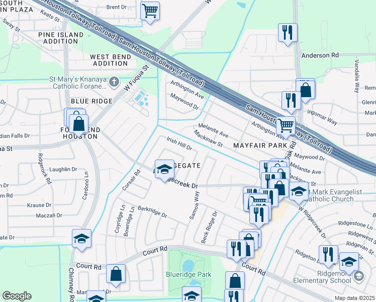 map of restaurants, bars, coffee shops, grocery stores, and more near 15723 Munson Lane in Houston