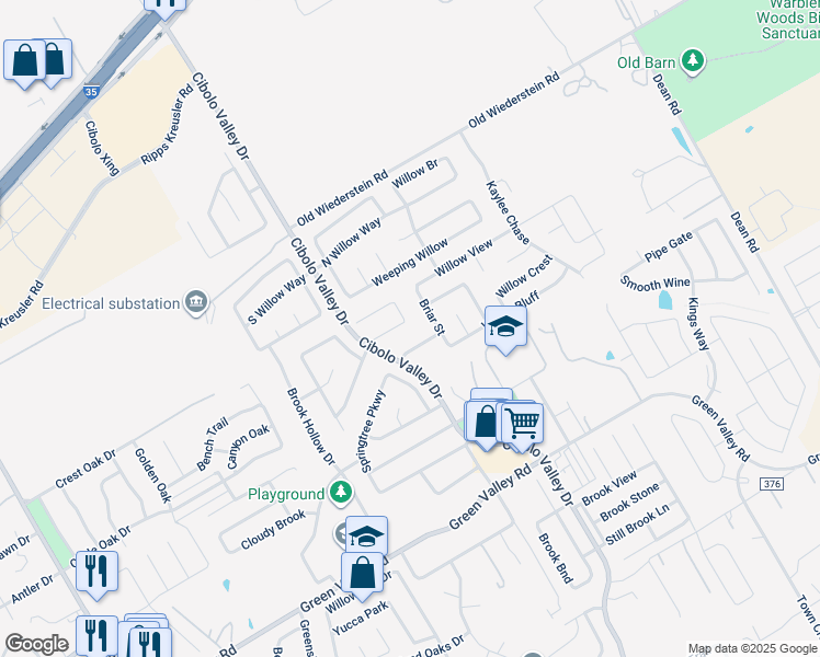 map of restaurants, bars, coffee shops, grocery stores, and more near 232 Springtree Cove in Cibolo