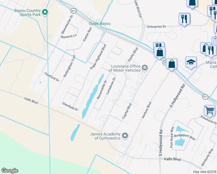 map of restaurants, bars, coffee shops, grocery stores, and more near 221 Lansdown Drive in Houma