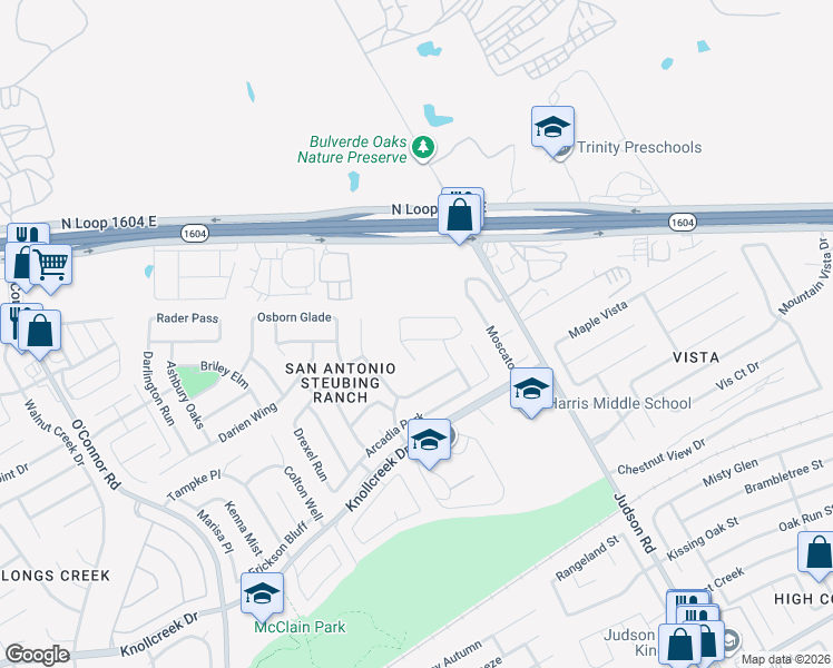 map of restaurants, bars, coffee shops, grocery stores, and more near 17206 Molino Court in San Antonio