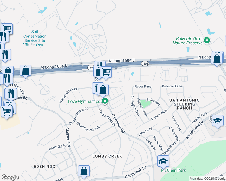 map of restaurants, bars, coffee shops, grocery stores, and more near 4939 Bending Trail in San Antonio