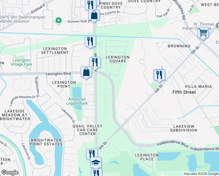 map of restaurants, bars, coffee shops, grocery stores, and more near 3615 John Hancock Lane in Missouri City