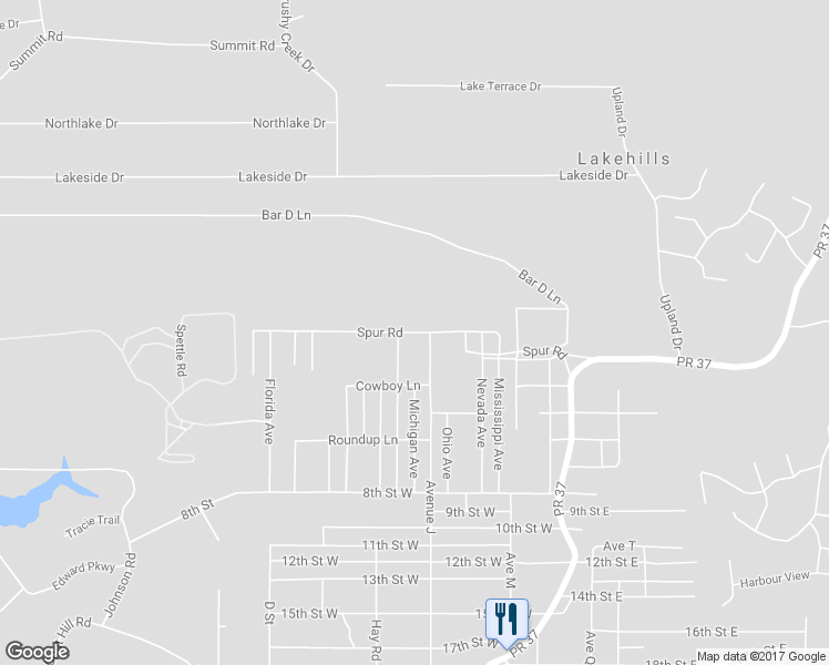 map of restaurants, bars, coffee shops, grocery stores, and more near Spur Road in Lakehills