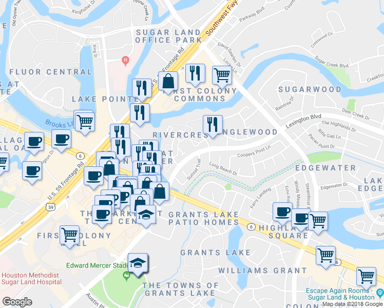 map of restaurants, bars, coffee shops, grocery stores, and more near 15706 Lexington Boulevard in Sugar Land