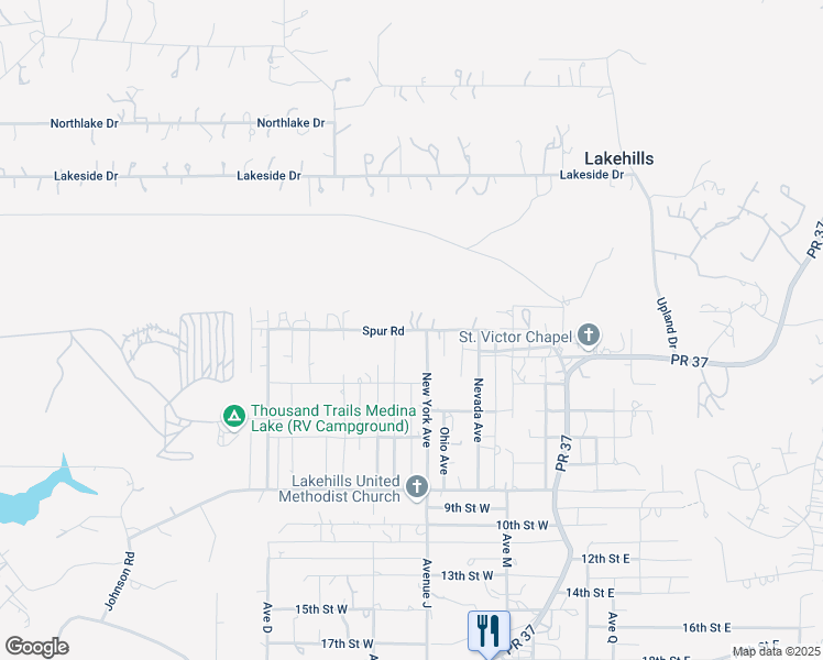 map of restaurants, bars, coffee shops, grocery stores, and more near Spur Road in Lakehills