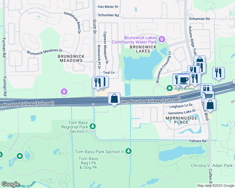 map of restaurants, bars, coffee shops, grocery stores, and more near 3525 South Sam Houston Parkway East in Houston