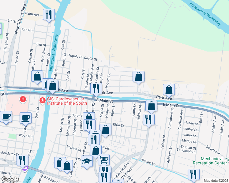 map of restaurants, bars, coffee shops, grocery stores, and more near 1917-1919 Slatter Street in Houma