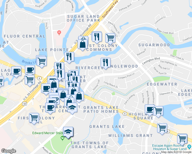 map of restaurants, bars, coffee shops, grocery stores, and more near 15786 Lexington Boulevard in Sugar Land