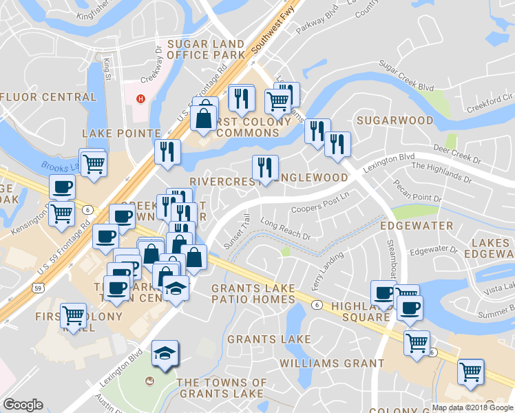map of restaurants, bars, coffee shops, grocery stores, and more near 2402 Long Reach Drive in Sugar Land
