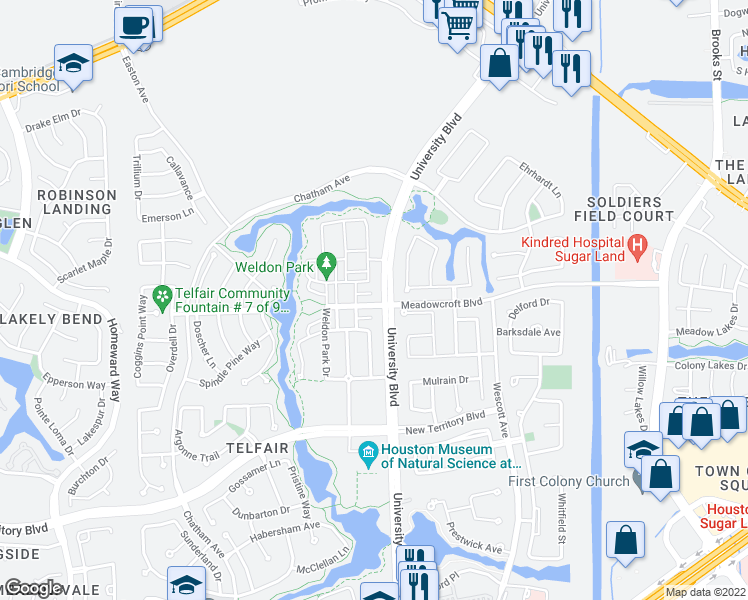map of restaurants, bars, coffee shops, grocery stores, and more near 7343 Meadowcroft Boulevard in Sugar Land