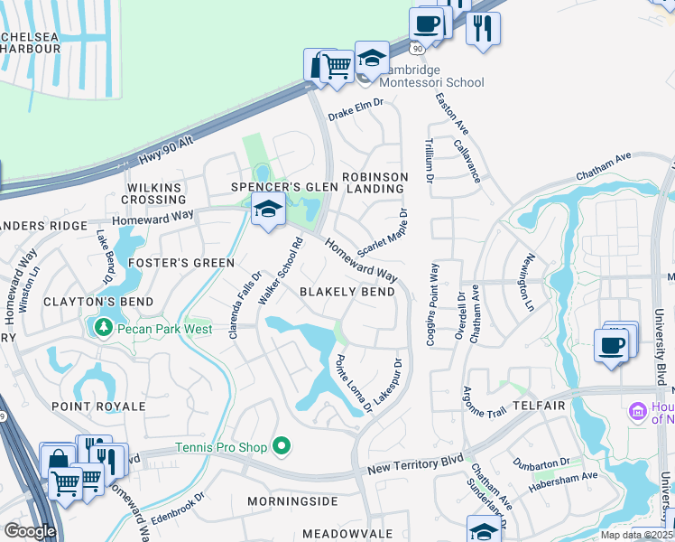 map of restaurants, bars, coffee shops, grocery stores, and more near 611 Lorfing Lane in Sugar Land