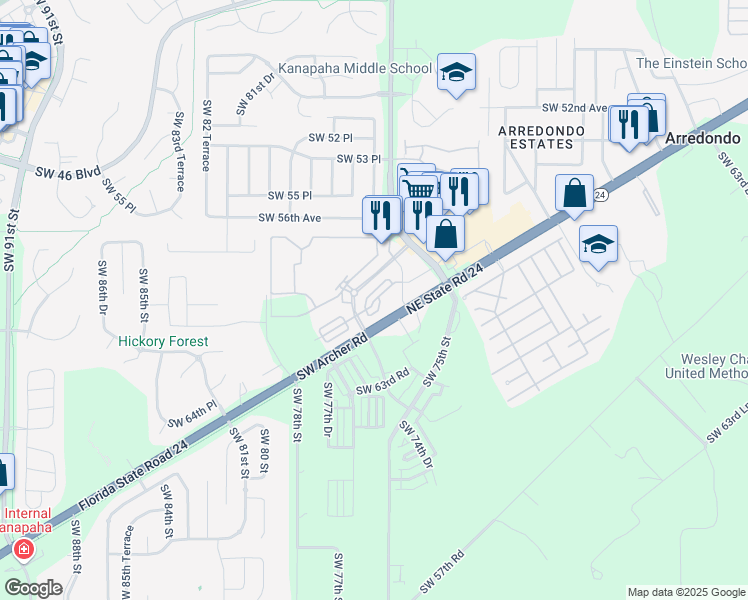 map of restaurants, bars, coffee shops, grocery stores, and more near Southwest 58th Place in Gainesville