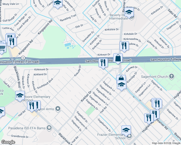 map of restaurants, bars, coffee shops, grocery stores, and more near 9530 Sagebend Lane in Houston