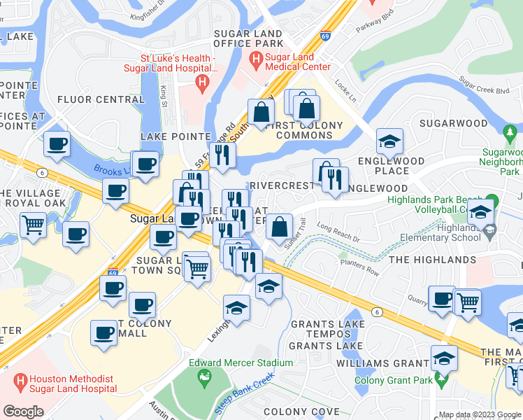 map of restaurants, bars, coffee shops, grocery stores, and more near 15700 Lexington Boulevard in Sugar Land
