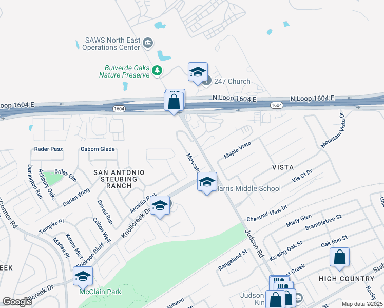 map of restaurants, bars, coffee shops, grocery stores, and more near 17307 Brachetto in San Antonio