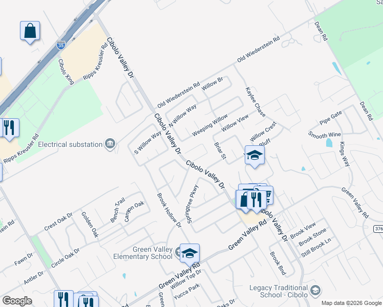 map of restaurants, bars, coffee shops, grocery stores, and more near 105 Weeping Willow in Cibolo