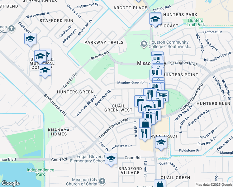 map of restaurants, bars, coffee shops, grocery stores, and more near 1750 Grand Park Drive in Missouri City