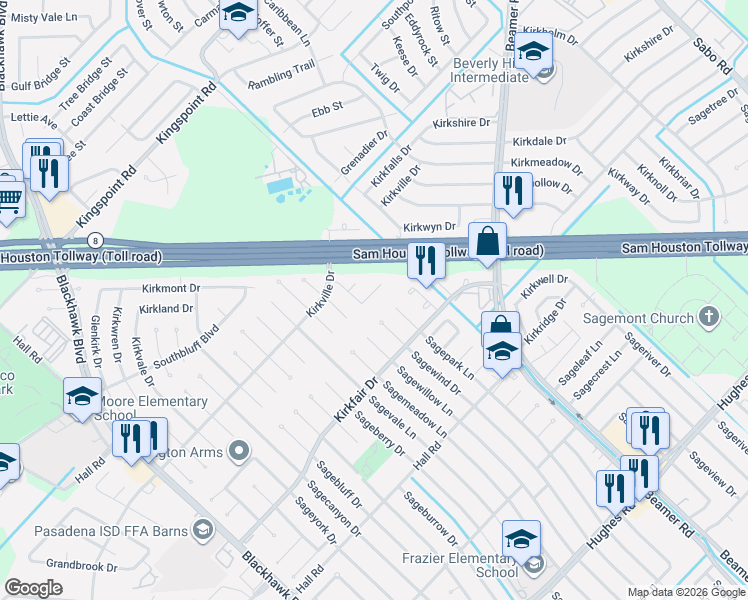 map of restaurants, bars, coffee shops, grocery stores, and more near 9530 Sagebend Lane in Houston