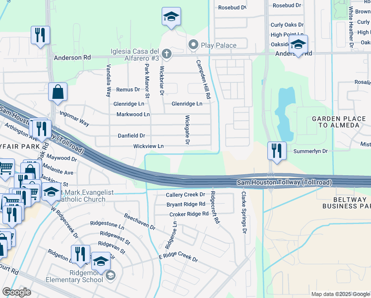 map of restaurants, bars, coffee shops, grocery stores, and more near 4834 Wickview Lane in Houston
