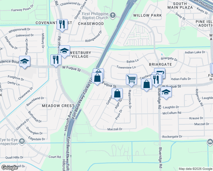 map of restaurants, bars, coffee shops, grocery stores, and more near 15703 Homebriar Court in Missouri City