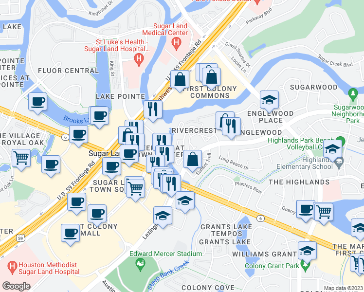 map of restaurants, bars, coffee shops, grocery stores, and more near 1070 Rivercrest Drive in Sugar Land