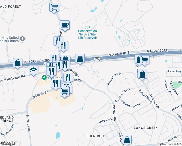 map of restaurants, bars, coffee shops, grocery stores, and more near 17296 Classen Road in San Antonio