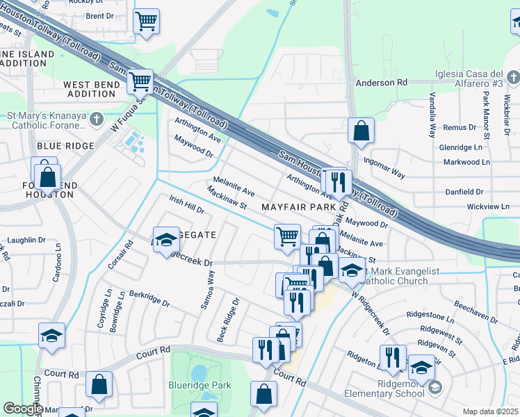 map of restaurants, bars, coffee shops, grocery stores, and more near 5713 Melanite Street in Houston