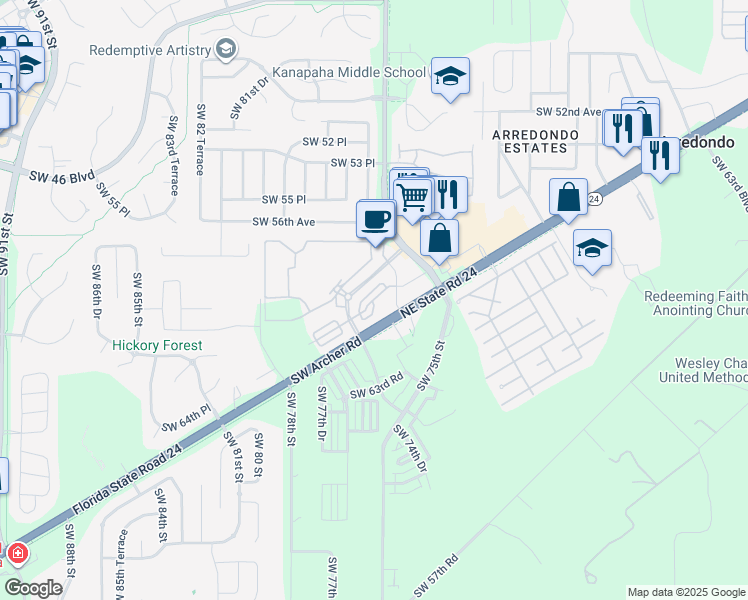 map of restaurants, bars, coffee shops, grocery stores, and more near Southwest 58th Place in Gainesville