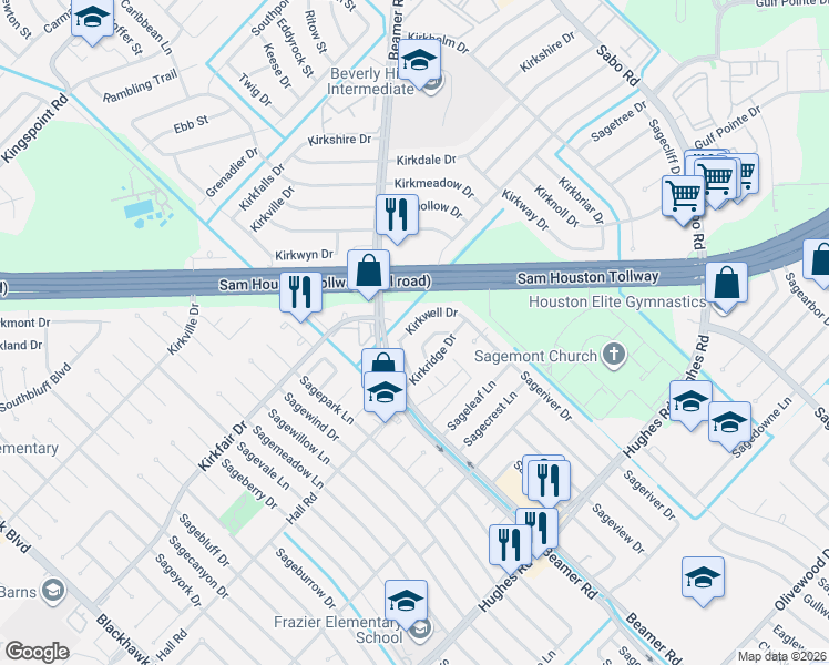 map of restaurants, bars, coffee shops, grocery stores, and more near 11019 Kirkwell Drive in Houston