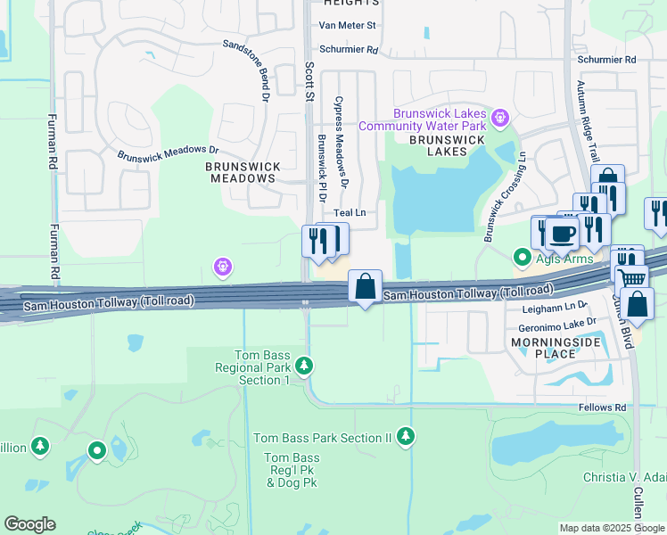 map of restaurants, bars, coffee shops, grocery stores, and more near 3503 South Sam Houston Parkway East in Houston