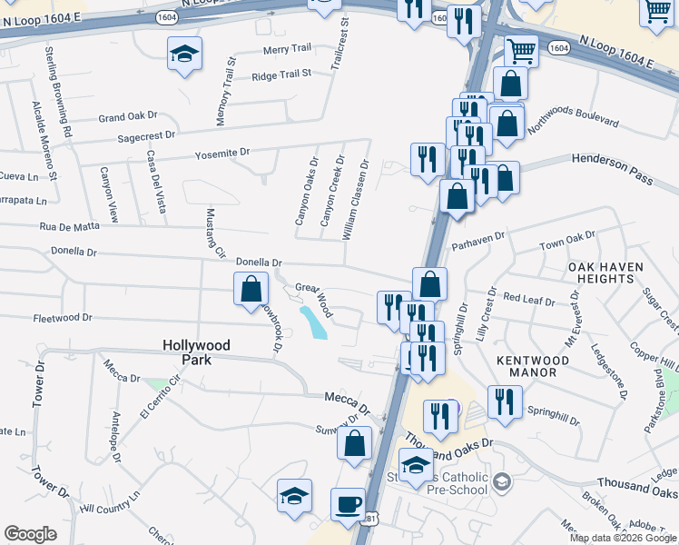 map of restaurants, bars, coffee shops, grocery stores, and more near 135 Donella Drive in San Antonio