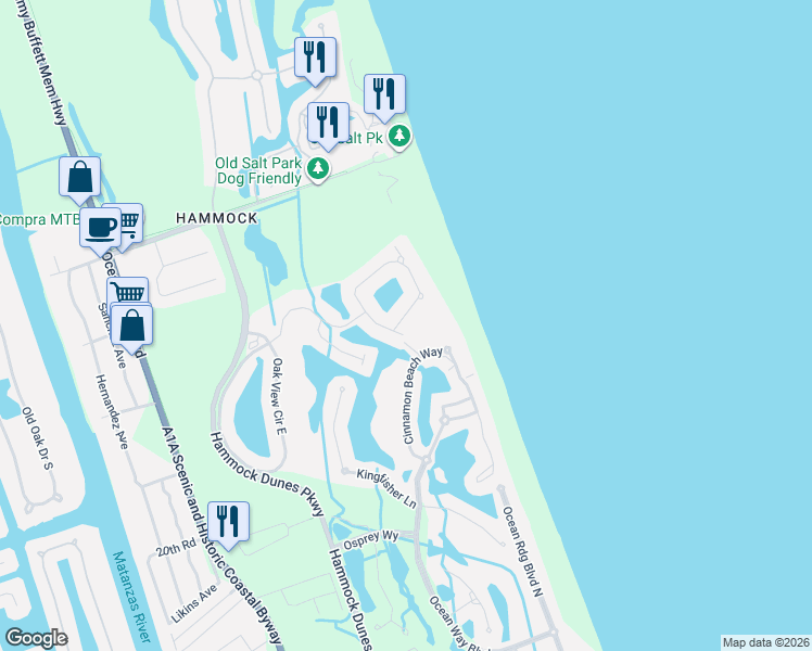 map of restaurants, bars, coffee shops, grocery stores, and more near 17 Hammock Beach Circle South in Palm Coast