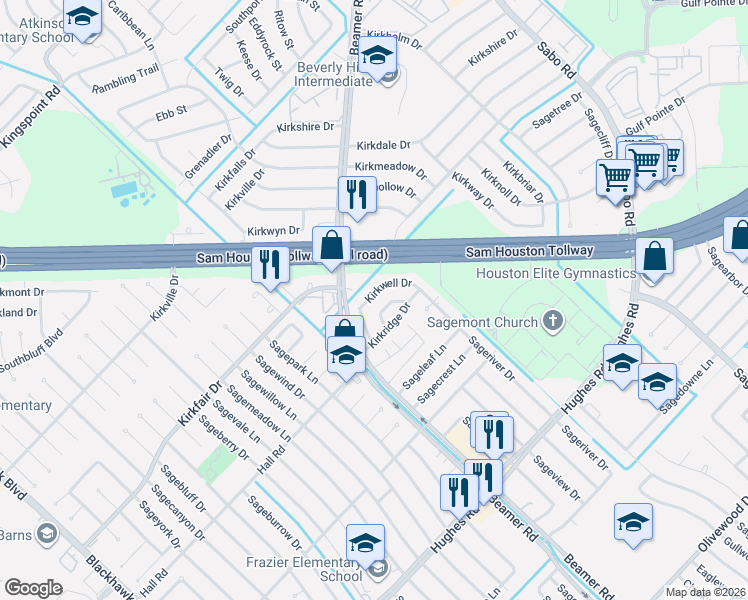 map of restaurants, bars, coffee shops, grocery stores, and more near 11019 Kirkwell Drive in Houston