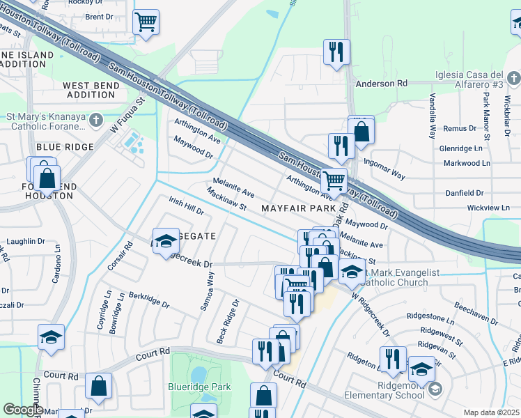 map of restaurants, bars, coffee shops, grocery stores, and more near 5713 Melanite Street in Houston