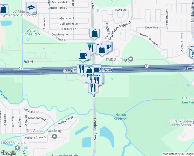 map of restaurants, bars, coffee shops, grocery stores, and more near 10501 Pearland Parkway in Pearland