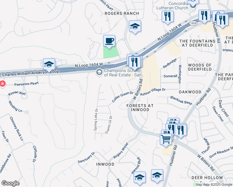 map of restaurants, bars, coffee shops, grocery stores, and more near 11 Birnam Wood in San Antonio