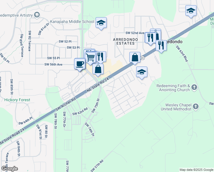 map of restaurants, bars, coffee shops, grocery stores, and more near 129 Southwest 58 Court in Gainesville