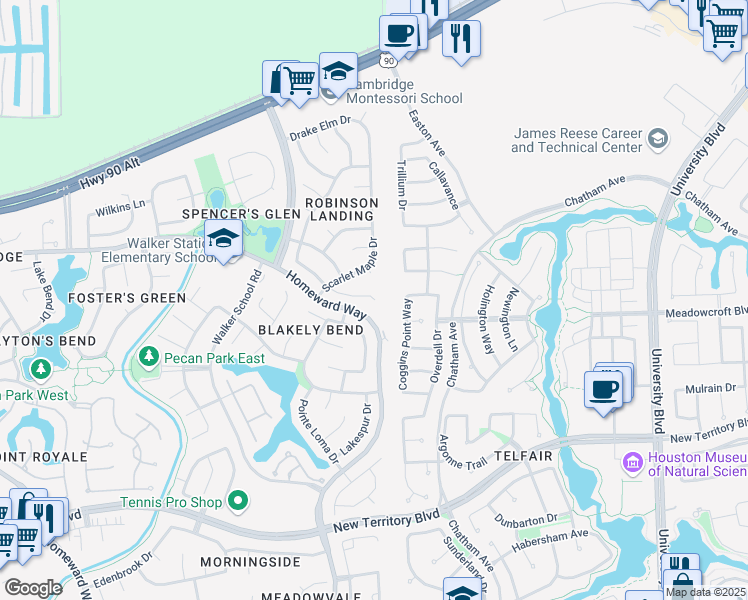 map of restaurants, bars, coffee shops, grocery stores, and more near 7141 Oakburl Court in Sugar Land