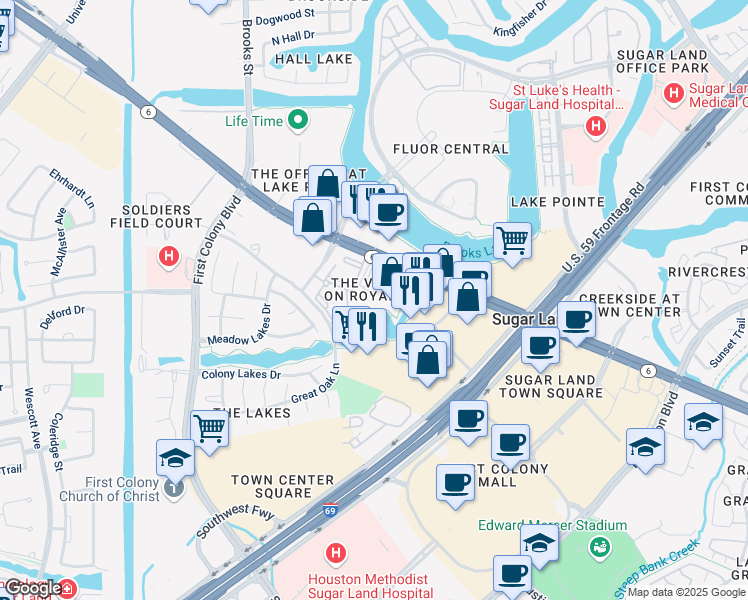 map of restaurants, bars, coffee shops, grocery stores, and more near 1600 Highway 6 in Sugar Land