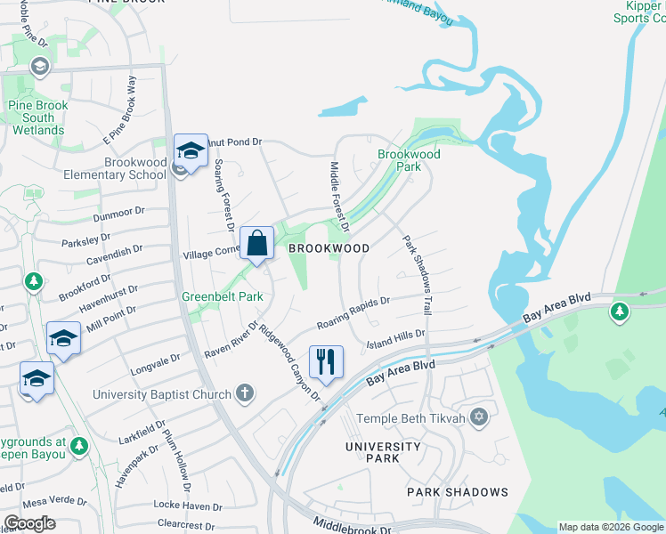 map of restaurants, bars, coffee shops, grocery stores, and more near 11802 Mighty Redwood Drive in Houston