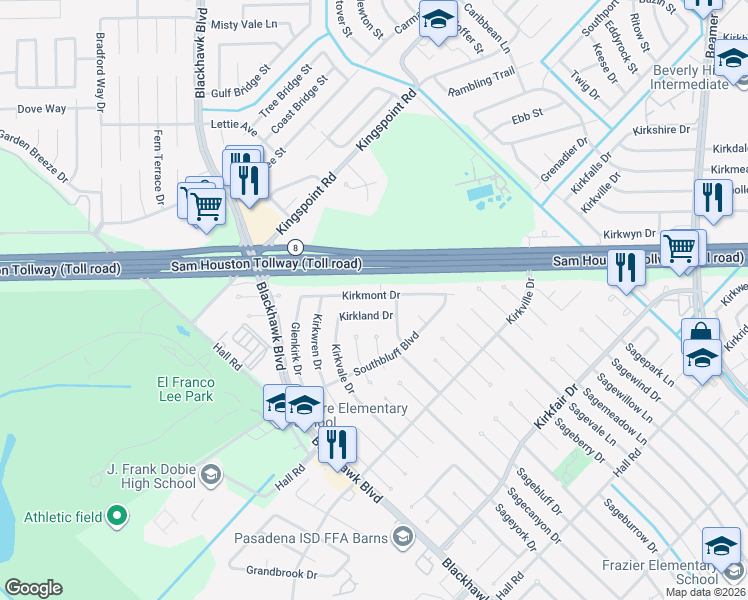 map of restaurants, bars, coffee shops, grocery stores, and more near 9043 Kirkmont Drive in Houston