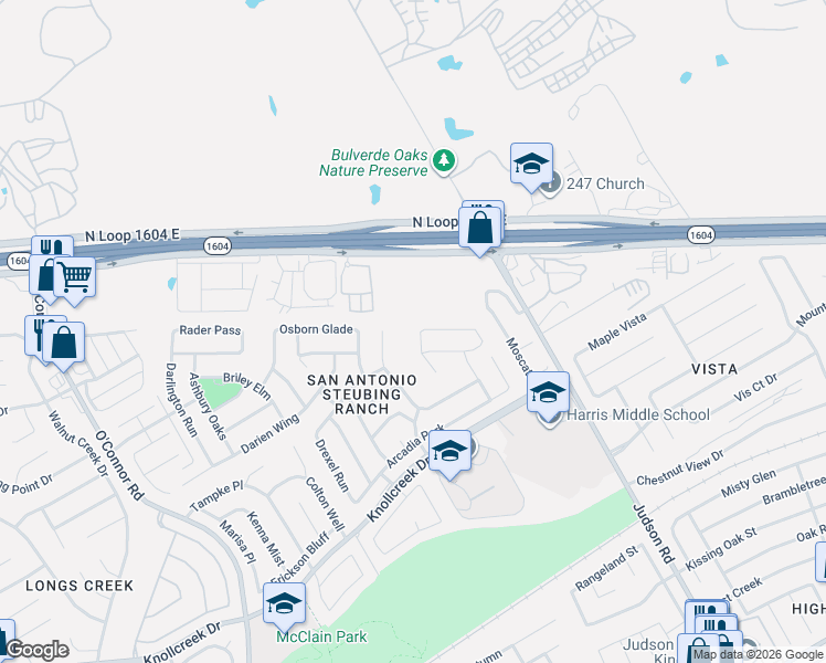 map of restaurants, bars, coffee shops, grocery stores, and more near 17234 Ashbury Lodge in San Antonio