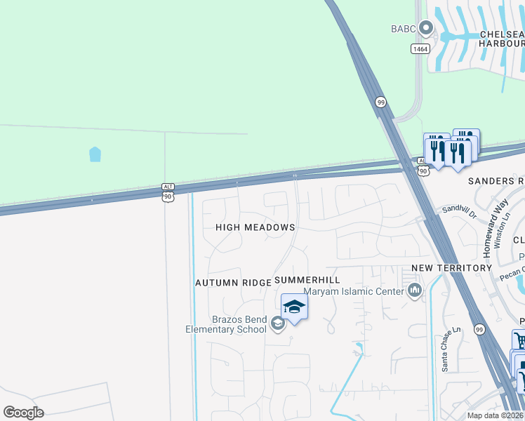 map of restaurants, bars, coffee shops, grocery stores, and more near 127 High Meadows Drive in Sugar Land